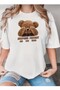 Teddy Bear Printed Red White Beige and Black Basic Oversize T-Shirt