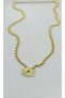 Half Ball Chain Detailed Gold Necklace with Green Stone End (45+5 cm)