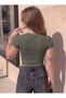 Women's Khaki Green Crew Neck Lycra Short Sleeve Body Crop T-Shirt - 7