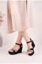 Black Wedge Heel Sandals with Cross Stone Detail – 9 cm Platform Sand Finish