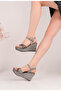 Platinum Wedge Heel Sandals with Cross Stone Detail – 9 cm Platform Sand Finish