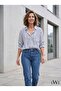 Women's Navy Blue and White Striped Shirt - Single Pocket Relaxed Fit Oversize - 4