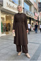 Women's Brown High Collar Belted Long Buttoned Comfortable Fit Hijab Tunic Pants Set - 4
