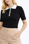 Black Color White Polo Collar Button Detailed T-Shirt Blouse - 2