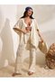 Bohemian Women's Clothing Summer Crochet Knit Three-Quarter Sleeve Kimono and Pants Cover-Up Set White Beach Vacation