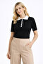 Black Color White Polo Collar Button Detailed T-Shirt Blouse