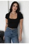 Embossed Fabric Short Sleeve Crop Square Neck T-Shirt - 2