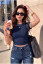 Women's Navy Blue Crew Neck Lycra Short Sleeve Body Crop Blouse - 3