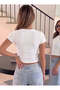 Women's White Crew Neck Short Sleeve Ribbed Camisole Crop Blouse - 3
