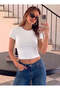 Women's White Crew Neck Short Sleeve Ribbed Camisole Crop Blouse