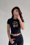 Women's Black Cherry Leopard Patterned Crew Neck Lycra Short Sleeve Body Crop Blouse