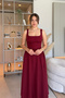 Elegant Flared Maxi Burgundy Dress with Straps - 6