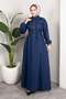 Belted Buttoned Denim Dress – Hijab Denim Long Dress Dark Blue