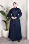 Shirt Collar Belted Denim Dress – Long Hijab Jean Model Dark Blue - 5