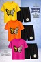 Children's Buttrfly Yellow Wing Daisy Printed Crew Neck 3-Piece T-Shirt - Shorts Set