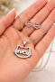 Stainless Steel Cat Figured Love Written Necklace Earring Set Silver Color Women - 2