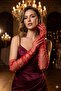 Noctyra Pearl Mesh Couture Red Gloves – Long Tulle with Pearl Detail, Luxurious Event Accessory - 5