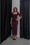 Women's Zara Model Belted Plum Square Neck Short Sleeve Evening Dress - 3