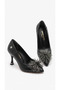 Women's Black Leather Stylish Design Heeled Shoes with Stone Accessories Pc-55199