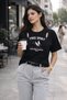 Women's Black Printed Oversize T-Shirt with Off-The-Shoulder Cut, Comfortable Cut, Casual T-Shirt - 4