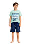 Boy's Top and Bottom Set Printed Green T-Shirt Navy Blue Shorts