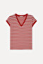 Women's Red Striped Loose Fit V-Neck T-Shirt