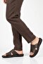 Brown Genuine Leather Men's Flat Slippers
