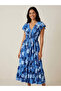 Blue Floral V-Neck Midi Dress with Flutter Sleeves - 3