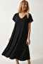 V-Neck Summer Flowy Viscose Dress Len0022 Black - 4