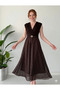 Women's Bitter Brown Polka Dot Belted Double Breasted Collar Chiffon Midi Dress - 3