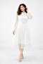 Women's puff sleeve tie-neck button-down pleated belted guipure dress - 2