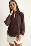Women's Bitter Brown Stand Collar Metal Accessory Transparent Sleeve Chiffon Blouse 1001 60286160 - 6