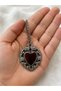 Red Heart Stone Antique Pattern Silver Color Unisex Necklace 60 cm Chain - 2
