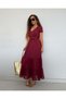 Buketli̇ Women's Below Knee Tulle Belted Pocketed V-Neck Short Sleeve Wide Cut Long Dress - 2