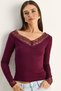 Women's Plum V-Neck Lace Detailed Long Sleeve Combed Cotton Blouse 0428 60286180
