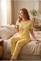 Women's Short Sleeve Pajama Set Yellow Lemon Patterned Single Jersey Summer Cheerful Home Wear Set - 5