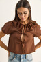 Women's Brown Baby Collar Tie Detail Balloon Sleeve Blouse 20124 60286178 - 5