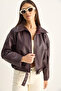 Women's Burgundy Oversize Buckle Leather Jacket 3137 60284058 - 5