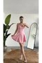 Women's Pink Strap Mini Dress with Shorts – V-Neck, Corset Form, Flared Skirt, Summer & Special Occasion Dress - 4