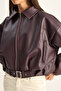 Women's Burgundy Oversize Buckle Leather Jacket 3137 60284058 - 8