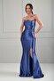 Women's Strapless Bat Neckline Lined Top Stone Embroidered Front D Draped L Stretch Fabric Long Satin Dress - 3