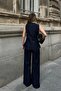 Navy Blue Zero Sleeve Gold 3 Button Blouse Wide Leg Pants Women's Denim Bottom Top Set - 5
