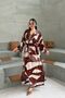 Brown Patterned Long Sleeve Dress with Slit Detail