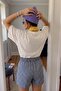 Women's Plaid Patterned Elastic Waist Summer Shorts Blue – Comfortable Fit, with Pockets - 4