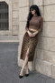 Women's Trendy Cotton Leopard Patterned Slit Brown Midi Denim Skirt - 6