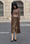 Women's Trendy Cotton Leopard Patterned Slit Brown Midi Denim Skirt