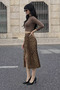 Women's Trendy Cotton Leopard Patterned Slit Brown Midi Denim Skirt - 5