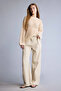D4467Axbg123 Beige Wide Leg Double Pocket High Waist Standard Length Modal Trousers - 2