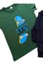 Boy's Green Color Skateboard Patterned Short Sleeve Six Long Thin Cotton Fabric Pajama Set - 4