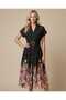 Black Shirt Collar Floral Patterned Belted Midi Dress